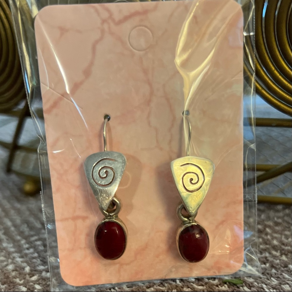 Sterling Silver 925 and Semi-Precious Red Cabachones  Dangle Fishhook Earrings
